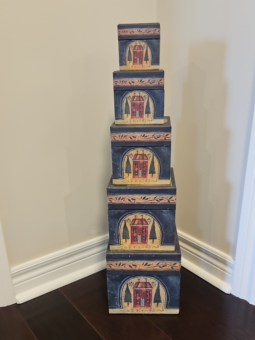 Vintage Folk Art Stacking Nesting Boxes - Set of 5